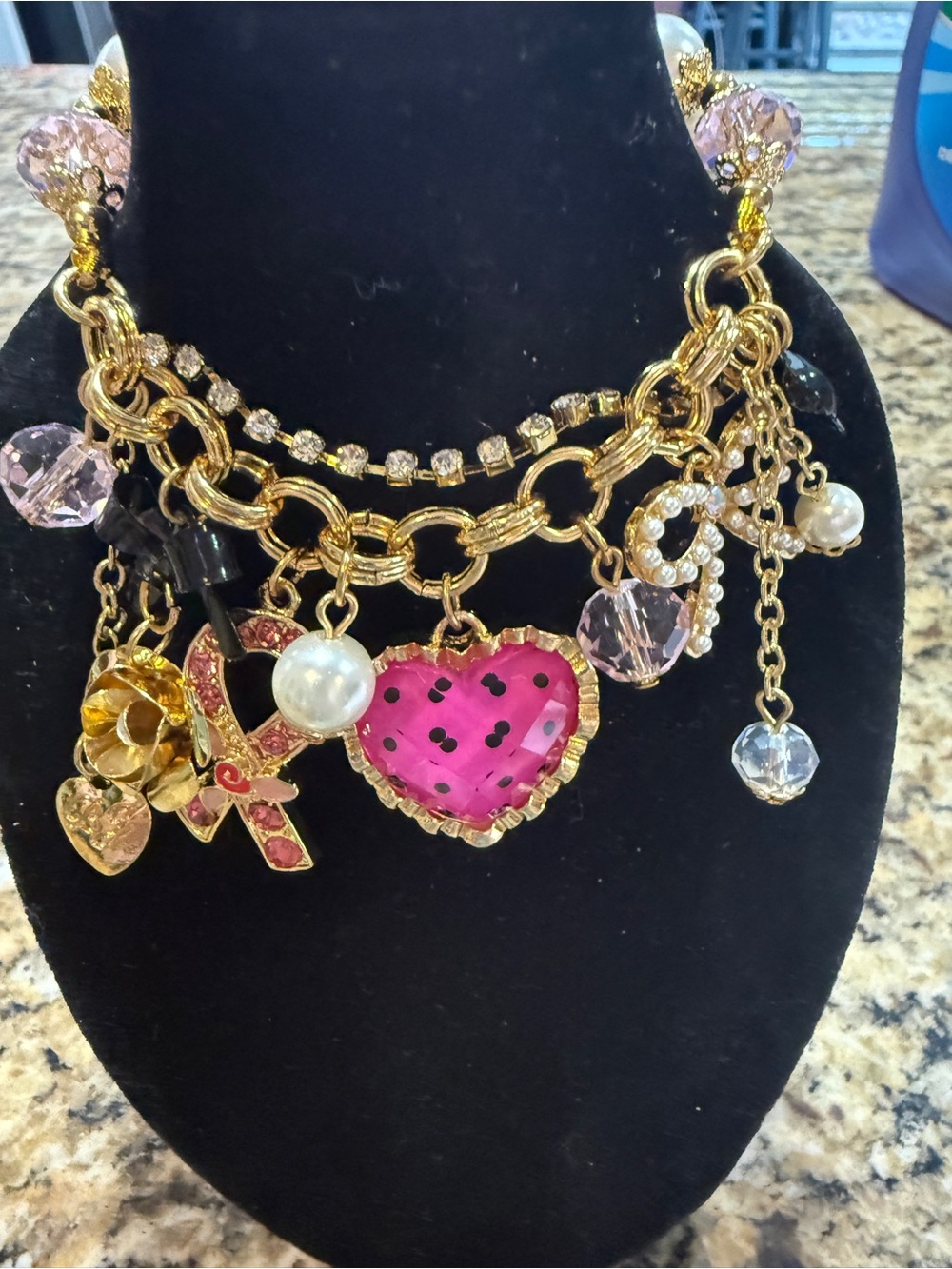 Gold-Tone Charm bracelet with Pink Heart and Crystal Accents